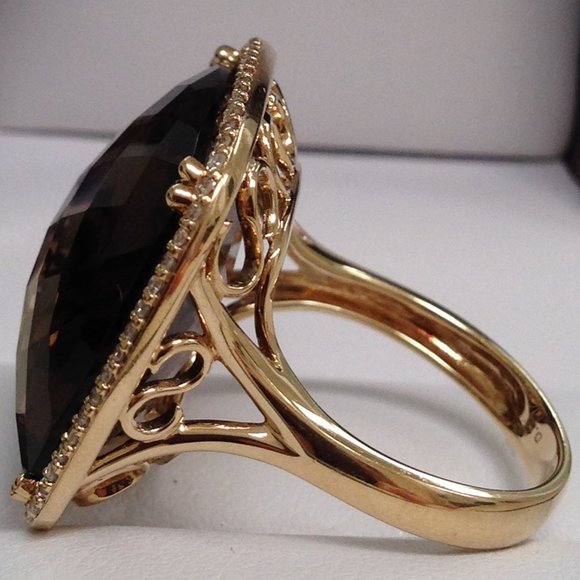 Excellent Cond Dabakarov 21 TCW Smoky Quartz Diamond Ring 14K Yellow Gold SZ 6.5 - Picture 3 of 10